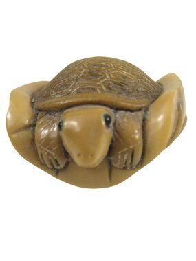 Vintage Japanese Netsuke Carved Turtle Tagua Nut Signed Figurine Glass Eyes